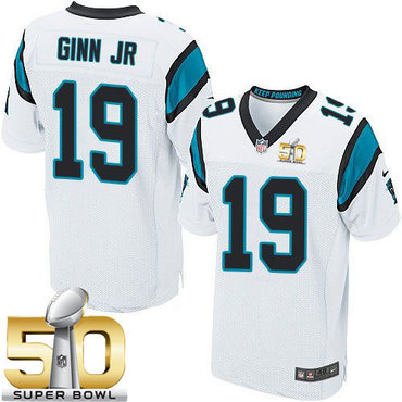 Nike Panthers #19 Ted Ginn Jr White Super Bowl 50 Men's Stitched NFL Elite Jersey