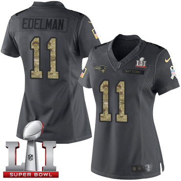 Nike Patriots #11 Julian Edelman Black Super Bowl LI 51 Women's Stitched NFL Limited 2016 Salute to Service Jersey