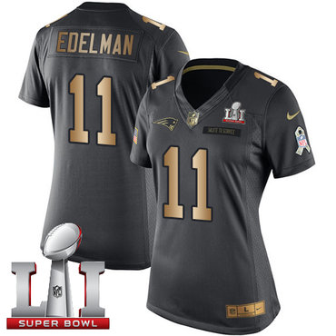Nike Patriots #11 Julian Edelman Black Super Bowl LI 51 Women's Stitched NFL Limited Gold Salute to Service Jersey