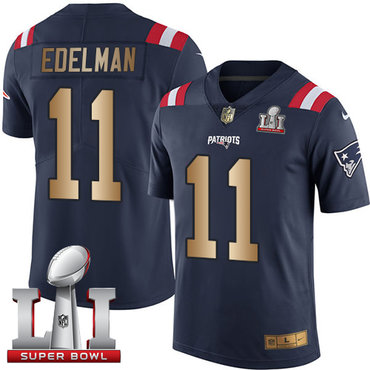 Nike Patriots #11 Julian Edelman Navy Blue Super Bowl LI 51 Men's Stitched NFL Limited Gold Rush Jersey Nike Patriots #11 Julian Edelman Navy Blue Super Bowl LI 51 Men's Stitched NFL Limited Gold Rush Jersey