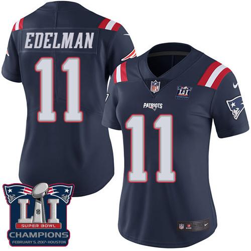 Nike Patriots #11 Julian Edelman Navy Blue Super Bowl LI Champions Women's Stitched NFL Limited Rush Jersey