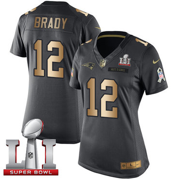 Nike Patriots #12 Tom Brady Black Super Bowl LI 51 Women's Stitched NFL Limited Gold Salute to Service Jersey