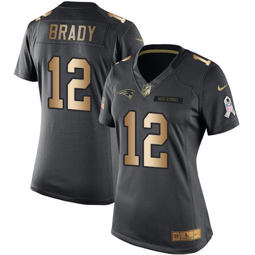 Nike Patriots #12 Tom Brady Black Women's Stitched NFL Limited Gold Salute to Service Jersey