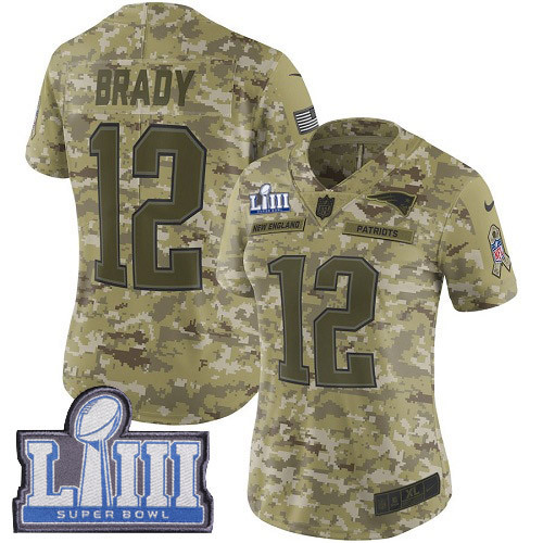 Nike Patriots #12 Tom Brady Camo Super Bowl LIII Bound Women's Stitched NFL Limited 2018 Salute To Service Jersey