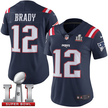 Nike Patriots #12 Tom Brady Navy Blue Super Bowl LI 51 Women's Stitched NFL Limited Rush Jersey