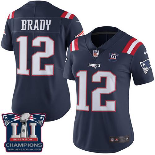 Nike Patriots #12 Tom Brady Navy Blue Super Bowl LI Champions Women's Stitched NFL Limited Rush Jersey