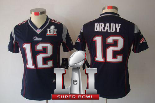 Nike Patriots #12 Tom Brady Navy Blue Team Color Super Bowl LI 51 Women's Stitched NFL Limited Jersey