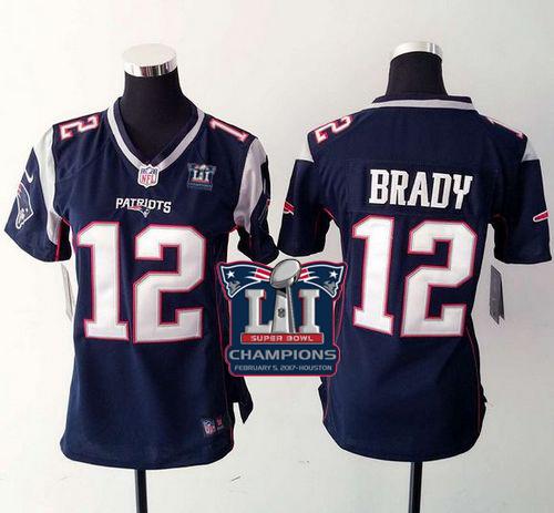 Nike Patriots #12 Tom Brady Navy Blue Team Color Super Bowl LI Champions Women's Stitched NFL New Elite Jersey