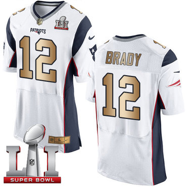 Nike Patriots #12 Tom Brady White Super Bowl LI 51 Men's Stitched NFL New Elite Gold Jersey