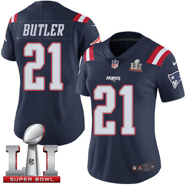 Nike Patriots #21 Malcolm Butler Navy Blue Super Bowl LI 51 Women's Stitched NFL Limited Rush Jersey