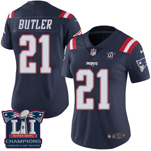 Nike Patriots #21 Malcolm Butler Navy Blue Super Bowl LI Champions Women's Stitched NFL Limited Rush Jersey