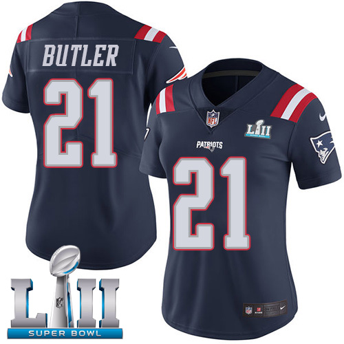 Nike Patriots #21 Malcolm Butler Navy Blue Super Bowl LII Women's Stitched NFL Limited Rush Jersey Nike Patriots #21 Malcolm Butler Navy Blue Super Bowl LII Women's Stitched NFL Limited Rush Jersey