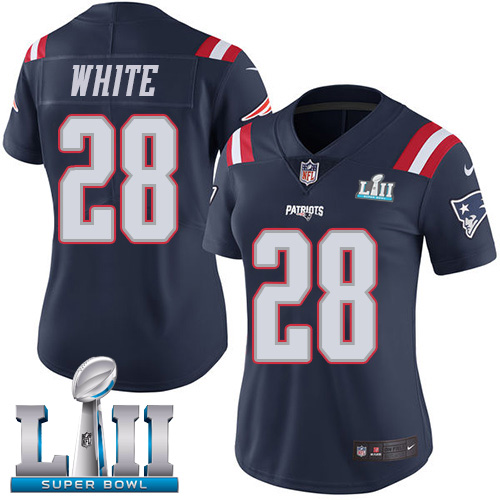 Nike Patriots #28 James White Navy Blue Super Bowl LII Women's Stitched NFL Limited Rush Jersey