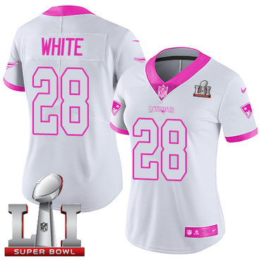 Nike Patriots #28 James White White Pink Super Bowl LI 51 Women's Stitched NFL Limited Rush Fashion Jersey