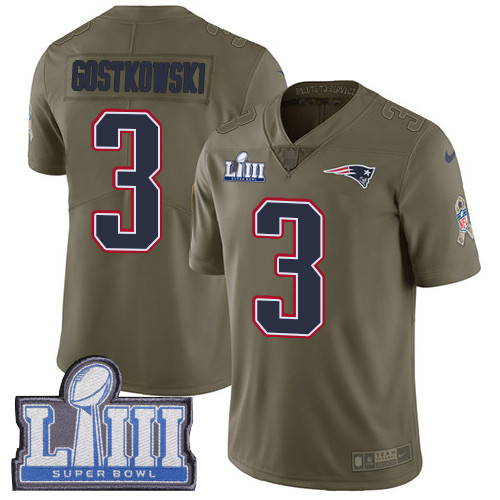 Nike Patriots #3 Stephen Gostkowski Olive Super Bowl LIII Bound Men's Stitched NFL Limited 2017 Salute To Service Jersey Nike Patriots #3 Stephen Gostkowski Olive Super Bowl LIII Bound Men's Stitched NFL Limited 2017 Salute To Service Jersey