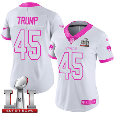 Nike Patriots #45 Donald Trump White Pink Super Bowl LI 51 Women's Stitched NFL Limited Rush Fashion Jersey