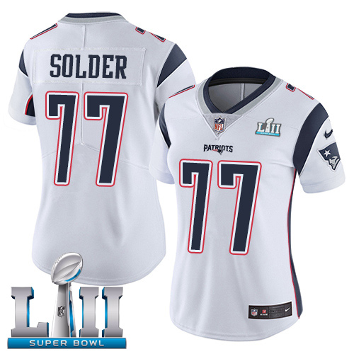 Nike Patriots #77 Nate Solder White Super Bowl LII Women's Stitched NFL Vapor Untouchable Limited Jersey.