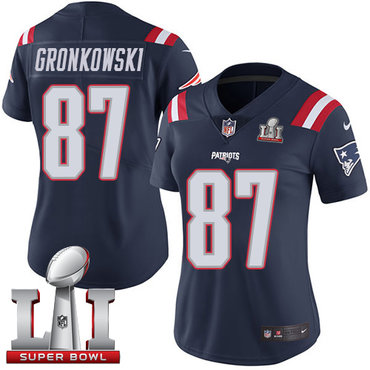 Nike Patriots #87 Rob Gronkowski Navy Blue Super Bowl LI 51 Women's Stitched NFL Limited Rush Jersey