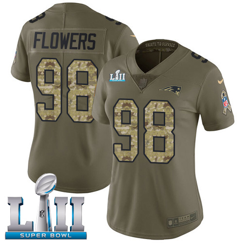 Nike Patriots #98 Trey Flowers Olive Camo Super Bowl LII Women's Stitched NFL Limited 2017 Salute to Service Jersey