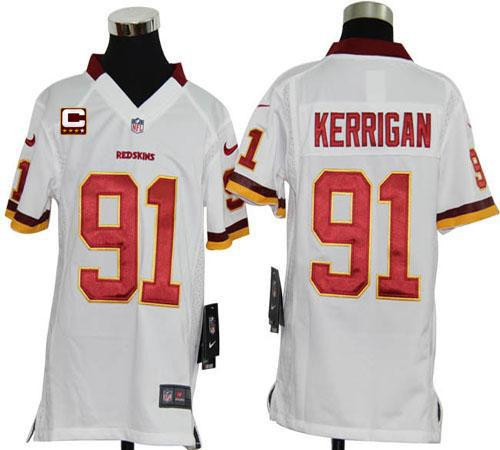Nike Redskins #91 Ryan Kerrigan White With C Patch Youth Stitched NFL Elite Jersey Nike Redskins #91 Ryan Kerrigan White With C Patch Youth Stitched NFL Elite Jersey
