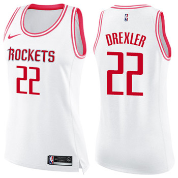 Nike Rockets #22 Clyde Drexler White Pink Women's NBA Swingman Fashion Jersey
