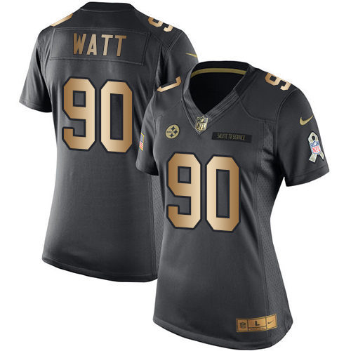 Nike Steelers #90 T. J. Watt Black Women's Stitched NFL Limited Gold Salute to Service Jersey
