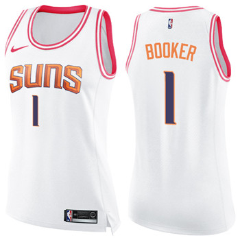 Nike Suns #1 Devin Booker White Pink Women's NBA Swingman Fashion Jersey