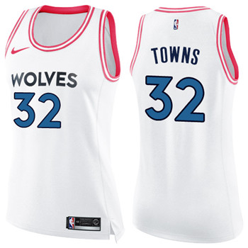 Nike Timberwolves #32 Karl-Anthony Towns White Pink Women's NBA Swingman Fashion Jersey