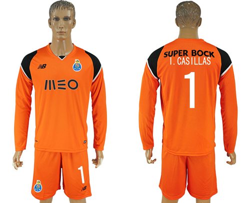 Oporto #1 I.Casillas Orange Goalkeeper Long Sleeves Soccer Club Jersey