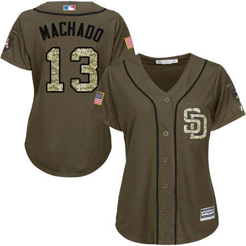 Padres #13 Manny Machado Green Salute to Service Women's Stitched Baseball Jersey