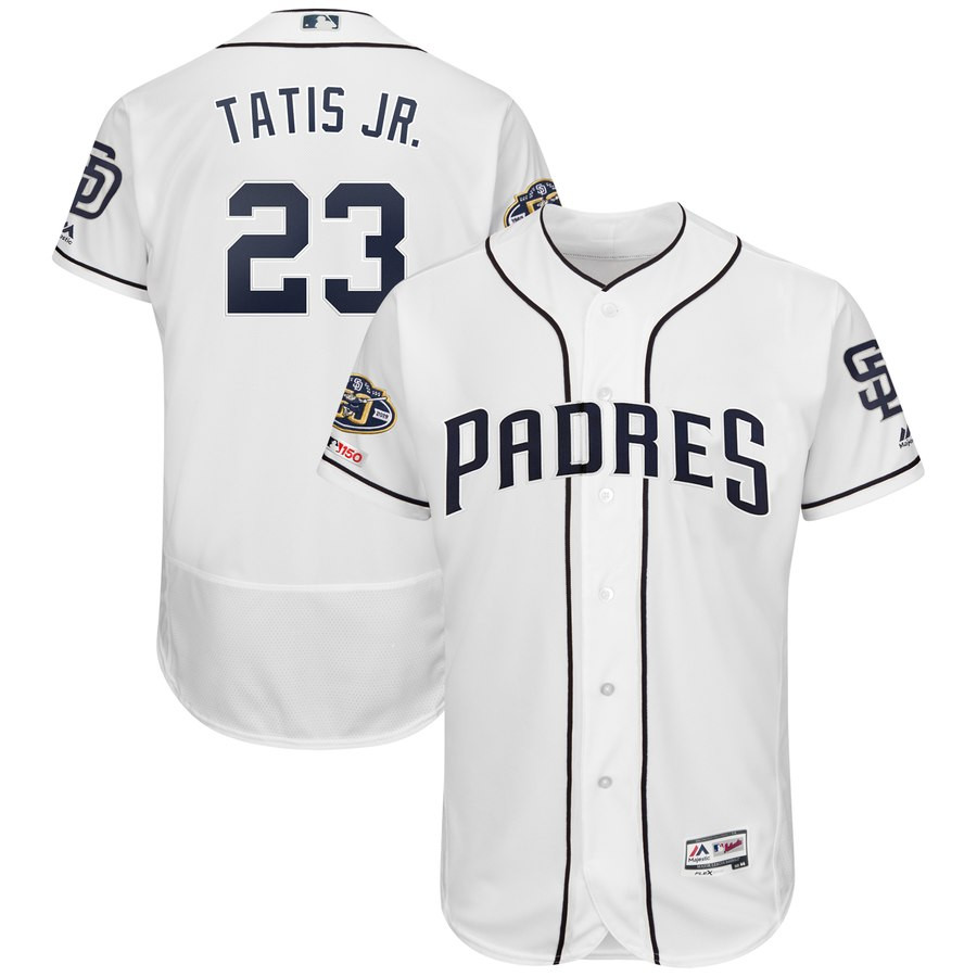 Padres 23 Fernando Tatis Jr. White 50th Anniversary And 150th Patch FlexBase Jersey Padres 23 Fernando Tatis Jr. White 50th Anniversary And 150th Patch FlexBase Jersey