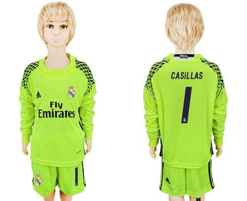 Paris Saint-Germain #1 Casillas Shiny Green Goalkeeper Long Sleeves Kid Soccer Club Jersey