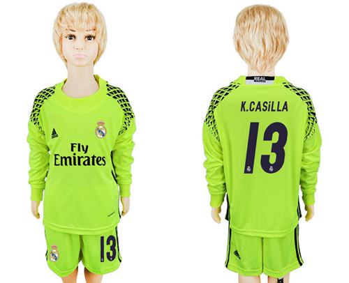 Paris Saint-Germain #13 K.Casilla Shiny Green Goalkeeper Long Sleeves Kid Soccer Club Jersey