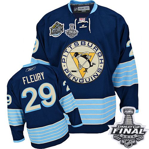 Penguins #29 Andre Fleury 2011 Winter Classic Vintage Dark Blue 2016 Stanley Cup Final Patch Stitched Youth NHL Jersey