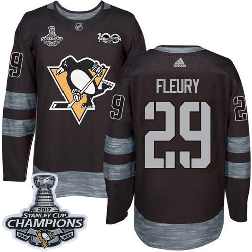 Penguins #29 Andre Fleury Black 1917-2017 100th Anniversary Stanley Cup Finals Champions Stitched NHL Jersey