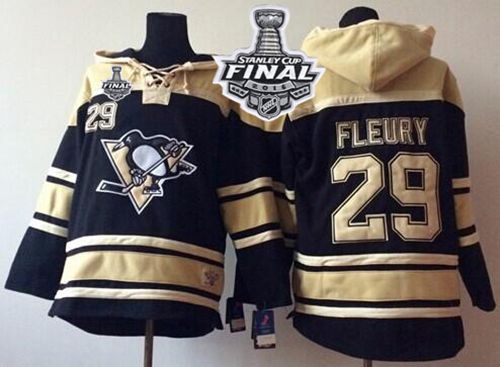 Penguins #29 Andre Fleury Black Sawyer Hooded Sweatshirt 2016 Stanley Cup Final Patch Stitched NHL Jersey