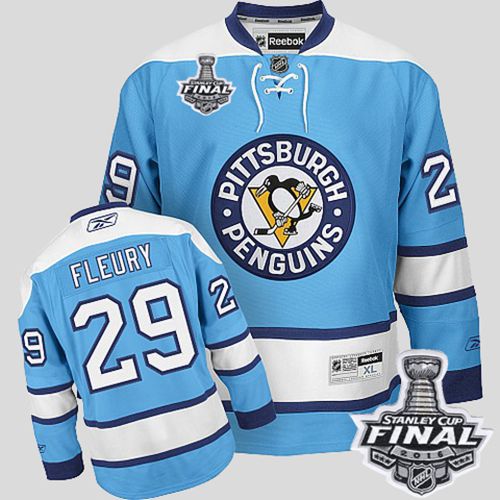 Penguins #29 Andre Fleury Blue 2016 Stanley Cup Final Patch Stitched Youth NHL Jersey