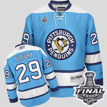 Penguins #29 Andre Fleury Blue 2017 Stanley Cup Final Patch Stitched Youth NHL Jersey