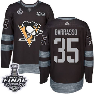 Penguins #35 Tom Barrasso Black 1917-2017 100th Anniversary Stanley Cup Final Patch Stitched NHL Jersey