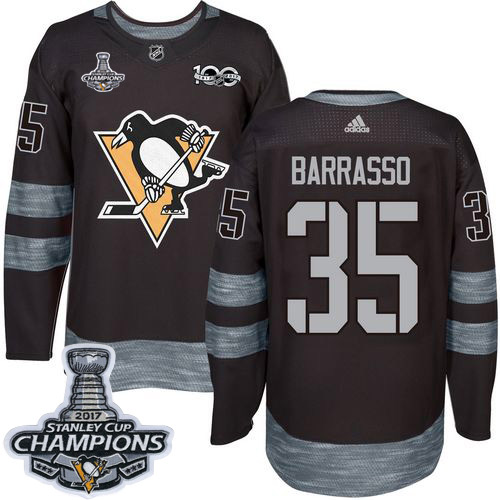 Penguins #35 Tom Barrasso Black 1917-2017 100th Anniversary Stanley Cup Finals Champions Stitched NHL Jersey