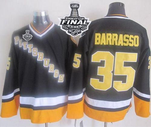 Penguins #35 Tom Barrasso Black Yellow CCM Throwback 2016 Stanley Cup Final Patch Stitched NHL Jersey