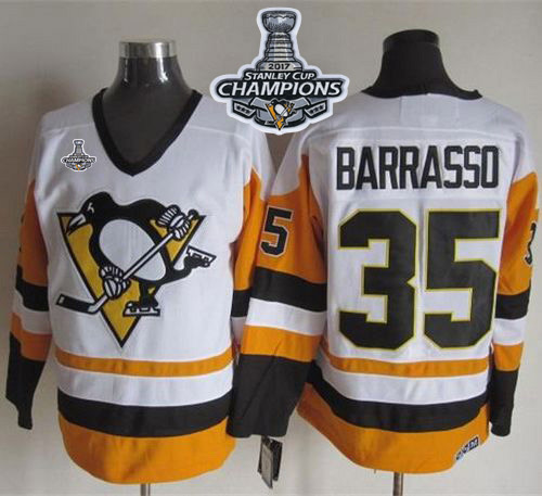 Penguins #35 Tom Barrasso White Black CCM Throwback 2017 Stanley Cup Finals Champions Stitched NHL Jersey