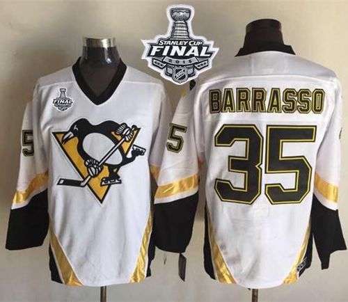 Penguins #35 Tom Barrasso White CCM Throwback 2016 Stanley Cup Final Patch Stitched NHL Jersey