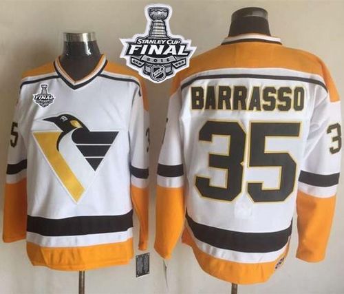 Penguins #35 Tom Barrasso White Yellow CCM Throwback 2016 Stanley Cup Final Patch Stitched NHL Jersey