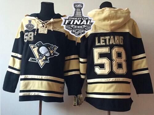 Penguins #58 Kris Letang Black Sawyer Hooded Sweatshirt 2016 Stanley Cup Final Patch Stitched NHL Jersey