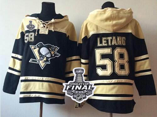 Penguins #58 Kris Letang Black Sawyer Hooded Sweatshirt 2017 Stanley Cup Final Patch Stitched NHL Jersey