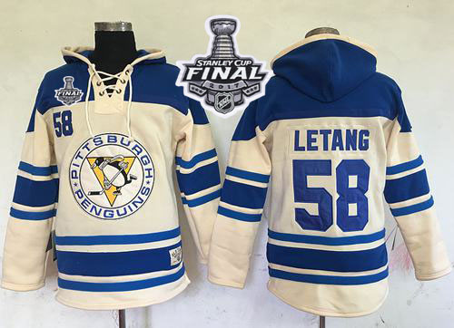 Penguins #58 Kris Letang Cream Sawyer Hooded Sweatshirt 2017 Stanley Cup Final Patch Stitched NHL Jersey