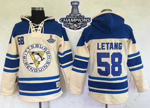 Penguins #58 Kris Letang Cream Sawyer Hooded Sweatshirt 2017 Stanley Cup Finals Champions Stitched NHL Jersey