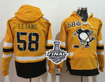Penguins #58 Kris Letang Gold Sawyer Hooded Sweatshirt 2017 Stadium Series Stanley Cup Final Patch Stitched NHL Jersey
