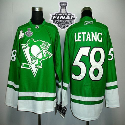 Penguins #58 Kris Letang Green St Patty's Day 2016 Stanley Cup Final Patch Stitched NHL Jersey